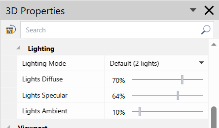Lighting subcategory under Object Rendering in the 3D Properties pane Lighting subcategory under Object Rendering in the 3D Properties pane